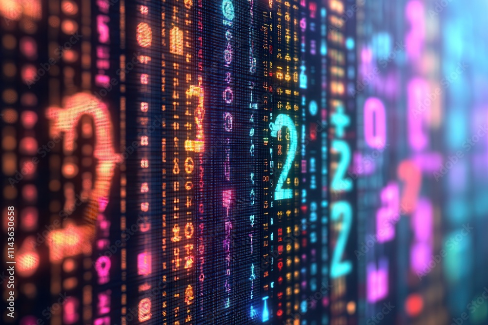 Aufkleber a vibrant digital display featuring colorful numbers and symbols against a dark background, represen