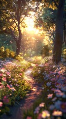 Obraz premium A serene sunlit woodland path winding through a lush enchanting forest filled with vibrant wildflowers verdant foliage and dappled golden light filtering through the canopy above