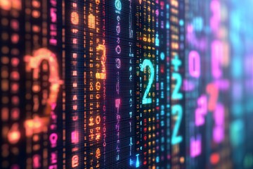 Obraz premium A vibrant digital display featuring colorful numbers and symbols against a dark background, representing data, technology, and digital communication.