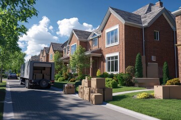 Moving truck open back cardboard boxes wrapped furniture