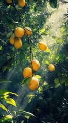 Bright citrus tree with ripe fruit illuminated by sunlight in a lush green environment