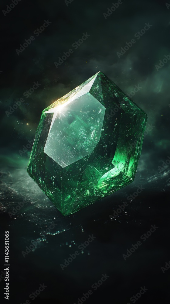 Poster Emerald gemstone displaying vibrant green hues with intricate facets in an ethereal setting