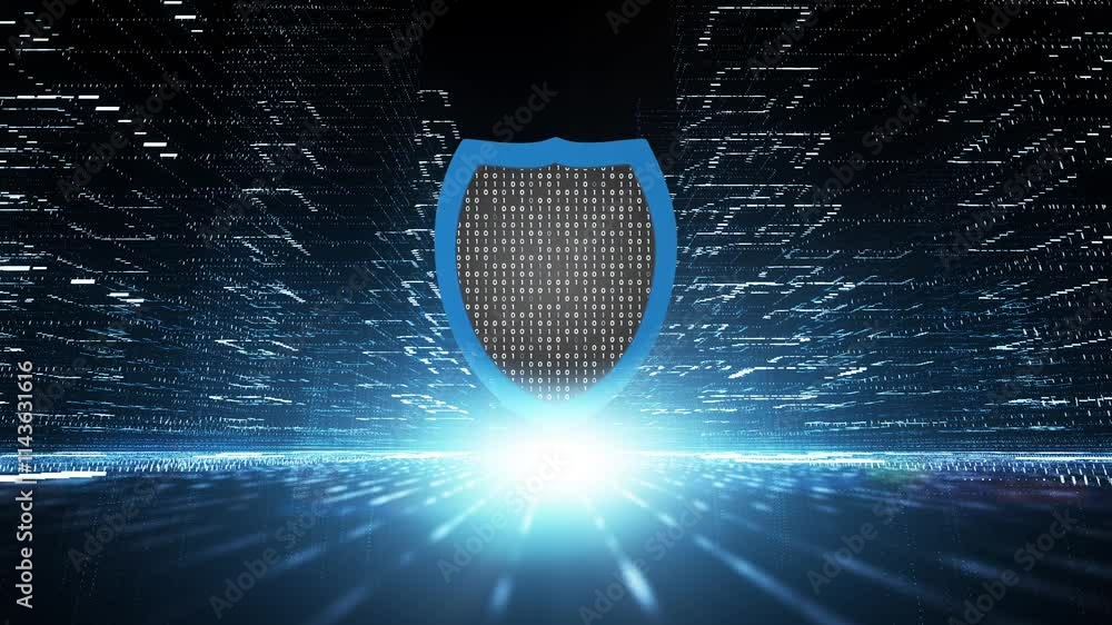 Poster looping digital shiny technology network abstract city with 3d shield animation.