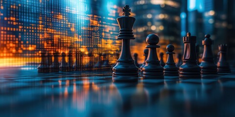 A close-up of chess pieces set against a vibrant, digitally-enhanced cityscape, symbolizing strategy and competition in a modern context.