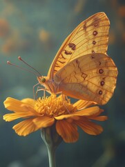 Fototapeta premium Golden butterfly perched on a vibrant yellow flower.