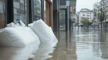 Flooded City Street: Sandbags line a flooded city street, a stark reminder of the devastating power of nature.