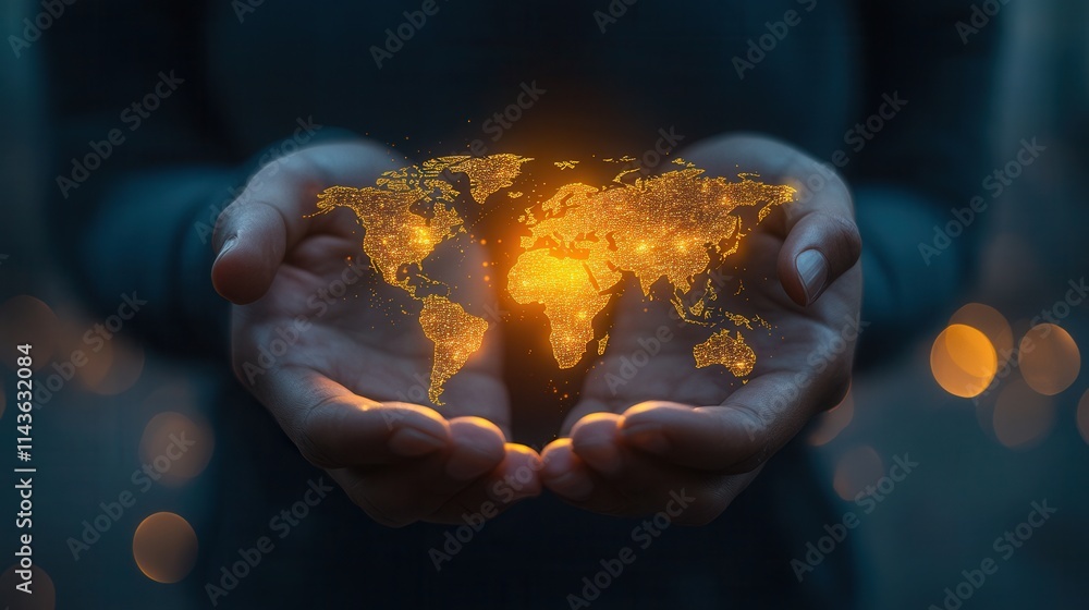 Poster a glowing world map is cradled in hands, symbolizing care for the planet and global interconnectedne