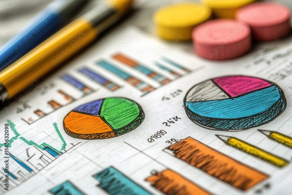 Fototapete colorful charts and graphs are displayed on paper, accompanied by colored pencils and circular marke
