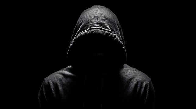Shadowy Figure in the Dark: A mysterious person shrouded in darkness, their face hidden by a hooded sweatshirt. The image evokes feelings of intrigue, secrecy, and anonymity. 