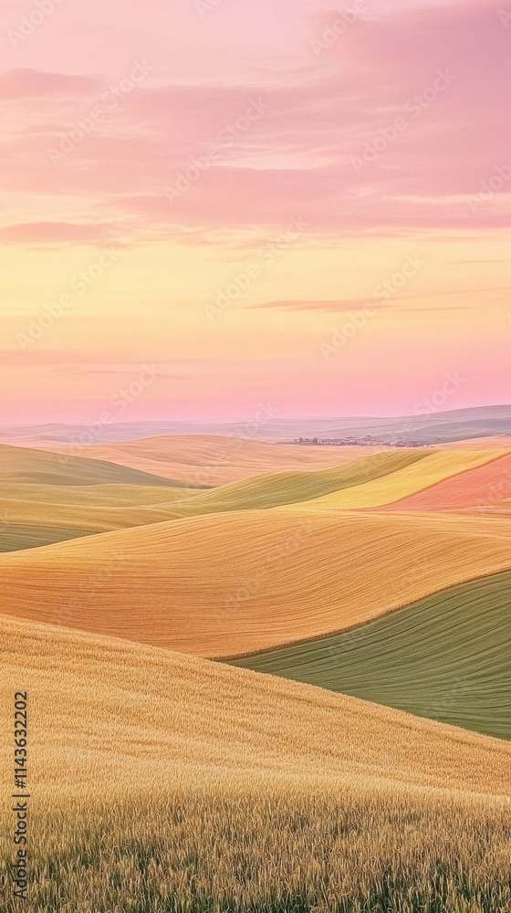 Poster endless wheat and corn fields stretch across the horizon at twilight under a colorful sky