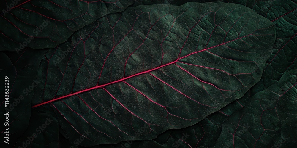 Poster a close-up of a large green leaf highlighting intricate veins and a striking red stem against a dark