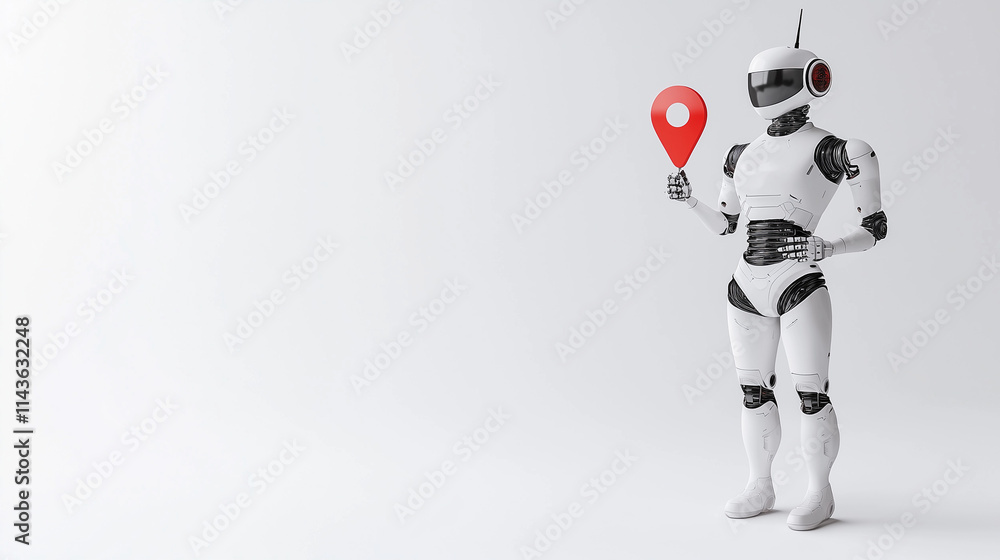 Poster navigation robot: futuristic robot holding a location marker. concept of ai, gps, navigation, digita