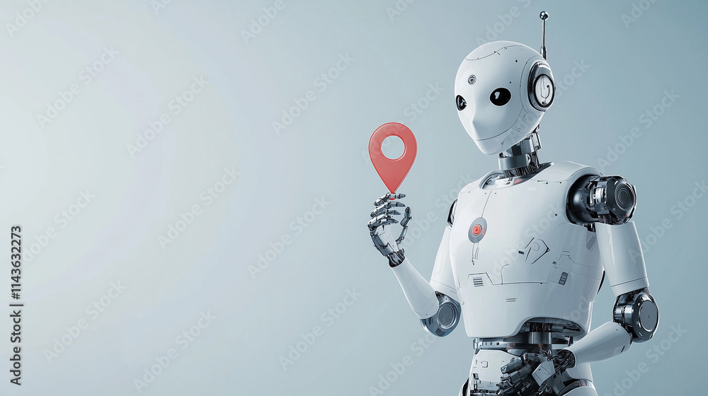 Poster robot navigation: ai assistant robot holding a location marker, futuristic technology concept
