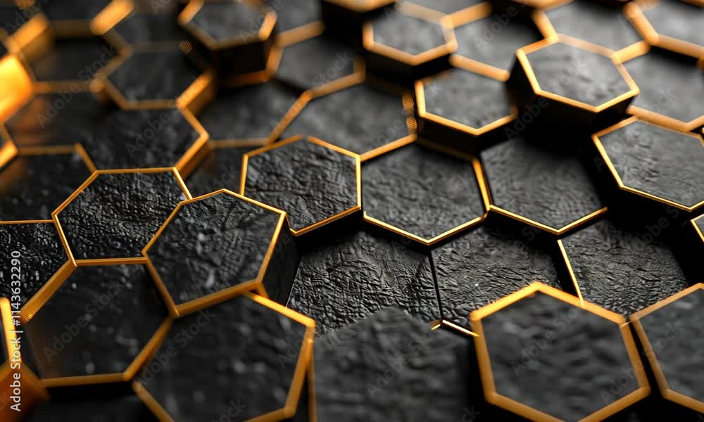 Poster black hexagonal pattern with golden edges on surface