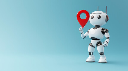 Friendly Robot Guide:  A cute, cartoon robot, with a friendly face,  stands against a light blue background,  holding a red location pin.  The robot's pose suggests helpfulness and guidance.