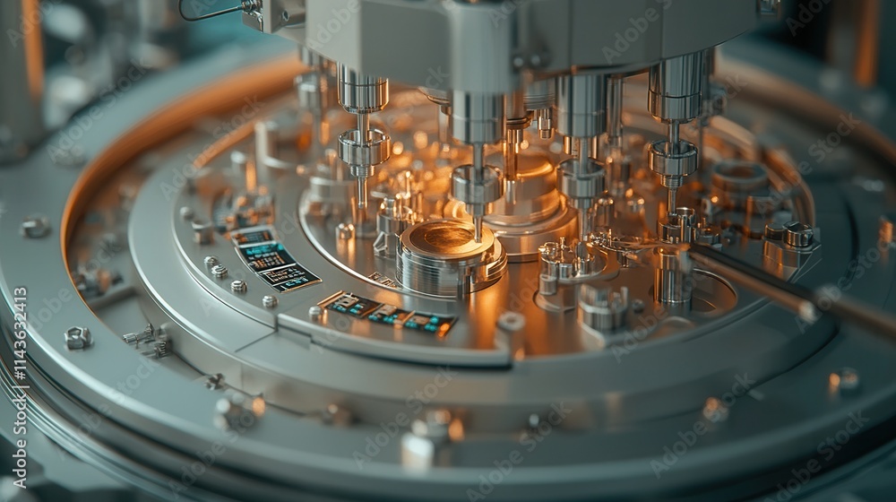 Poster A close-up view of intricate machinery with glowing components, showcasing advanced technology and precision engineering in a futuristic design.