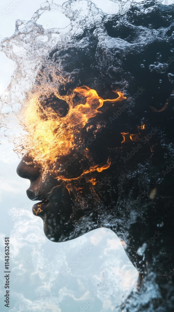 Poster silhouette of a face with roaring fire and water elements blending in a surreal artistic display at 