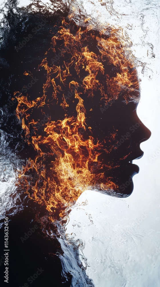 Aufkleber Silhouette of a face intertwined with a roaring fire creating a striking visual contrast against a water background