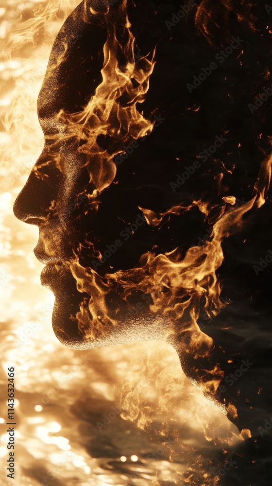 Aufkleber Silhouette of a face surrounded by roaring flames creating a striking contrast of light and shadow