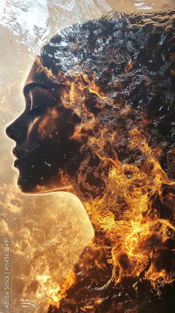 Poster Silhouette of a face blending with a roaring fire creating a striking visual contrast in an intense display of warmth and energy