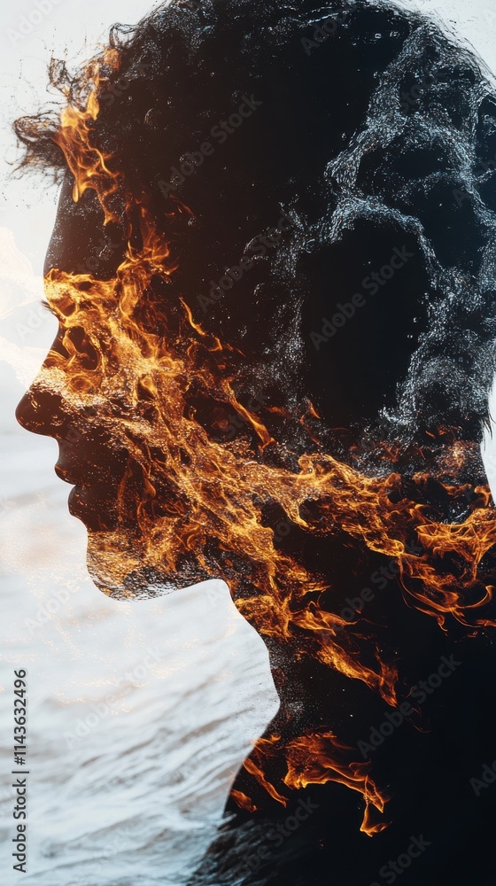 Poster Silhouette of a face intertwined with roaring fire and ocean waves creating a captivating surreal contrast