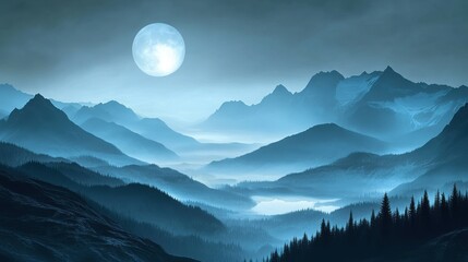 Serene mountain landscape layered blue mountains misty valleys