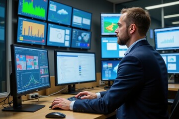 Financial analyst monitoring market data on multiple screens in modern office setting.