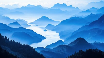 Serene mountain landscape layered blue mountains misty valleys