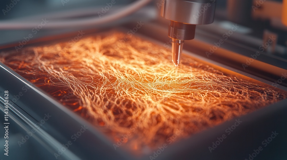 Poster A close-up view of a machine using a nozzle to create intricate, glowing patterns on a surface, showcasing advanced technology and design.