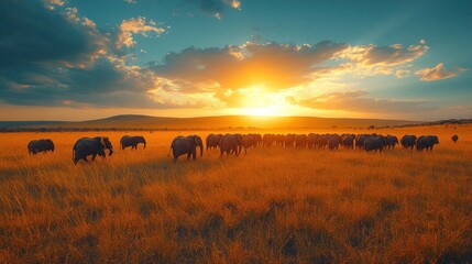 Herd of elephants silhouetted against a vibrant sunset in a vast African savanna.