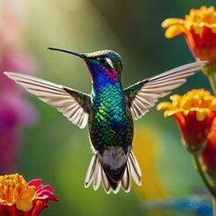 Fototapeta premium A vivid hummingbird hovers near orange and yellow flowers in a sunlit garden. The iridescent blue-green plumage catches the light, conveying energy,