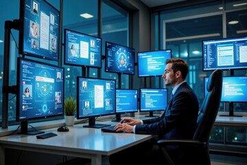 Cybersecurity professional monitoring network data in high-tech command center.