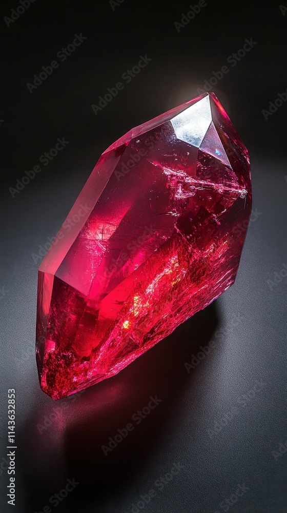 Poster intense red polished ruby resting on a dark surface reflecting light
