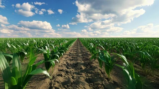 Perfectly aligned rows of young corn plants growing in a field stretch towards the horizon under a blue sky dotted with fluffy white clouds, promising a bountiful harvest