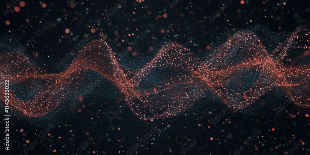 Poster a wave-like pattern of glowing particles against a dark background, suggesting a sense of movement a