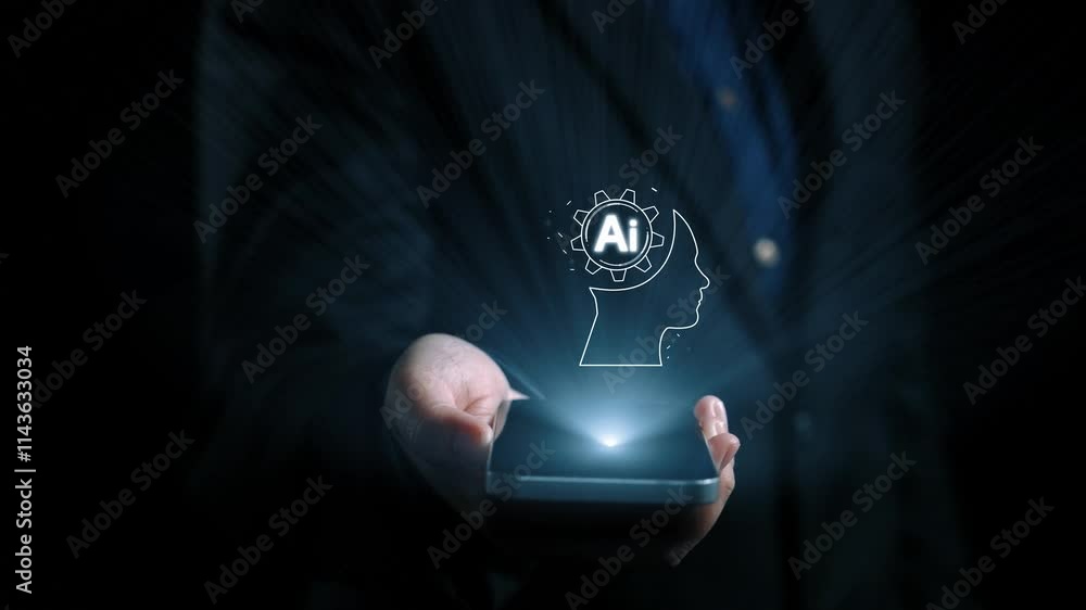 Poster human interact with ai artificial intelligence brain processor in concept of ai artificial intellige