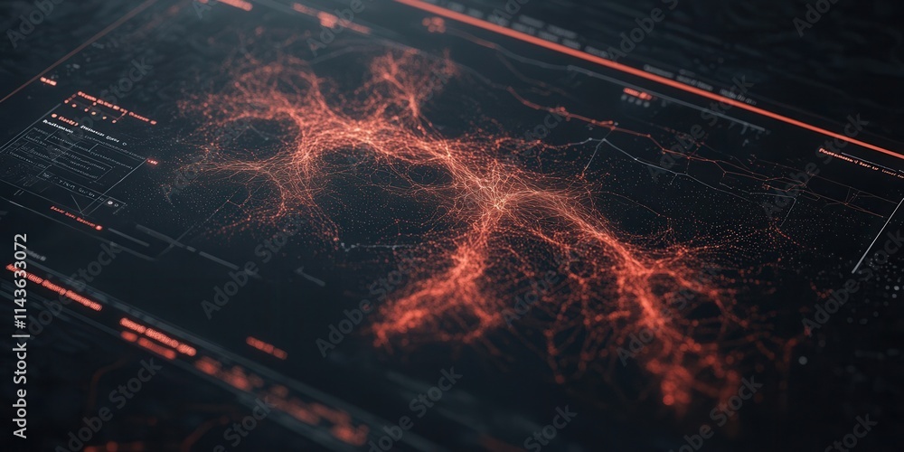 Poster A dark, abstract digital visualization featuring glowing red lines and nodes, resembling a network or neural connections on a sleek black background.