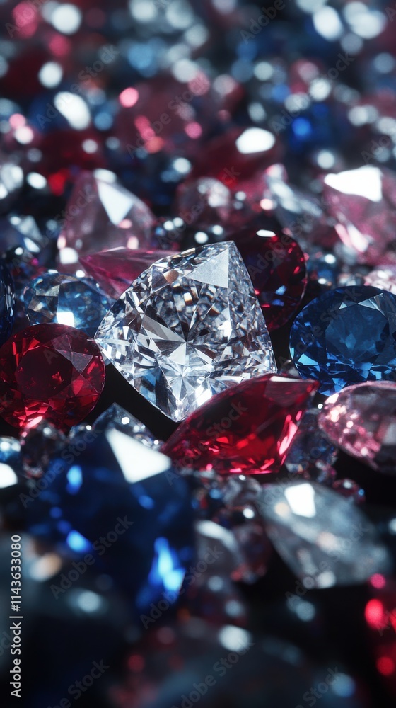 Poster discovering a dazzling collection of diamonds and vibrant rubies and sapphires nestled together in a