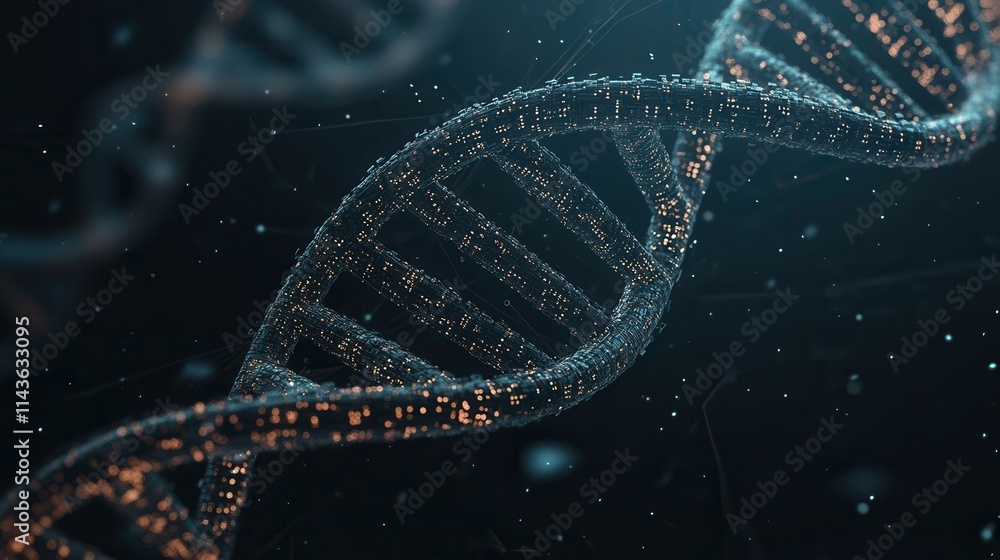 Poster a close-up view of a dna double helix, showcasing intricate details and glowing elements against a d