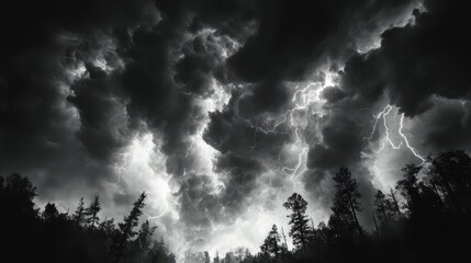 a dramatic and intense storm scene. A swirling mass of dark, ominous clouds dominates the sky, illuminated by bright flashes of lightning that cut through the darkness. The clouds have a turbulent