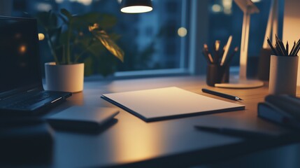 Empty Note Paper, Cozy Workspace at Night