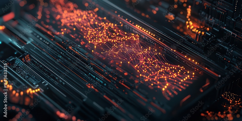 Poster A vibrant, abstract representation of digital data with glowing elements, resembling a network of interconnected nodes or circuitry.