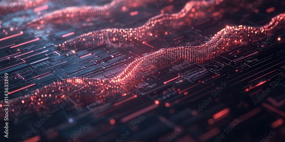 Poster a vibrant, abstract representation of digital waves, featuring glowing particles and intricate patte