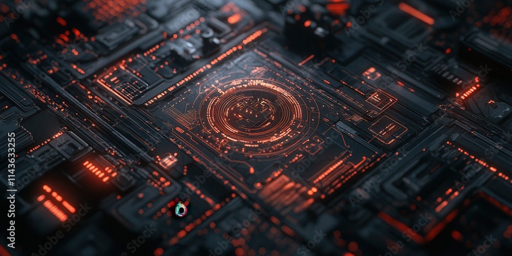 Poster a close-up view of a futuristic circuit board illuminated in red and orange hues, showcasing intrica