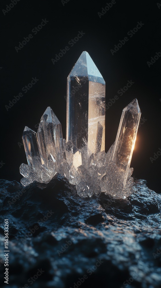 Aufkleber natural quartz crystal cluster gleams under soft lighting in a dark setting