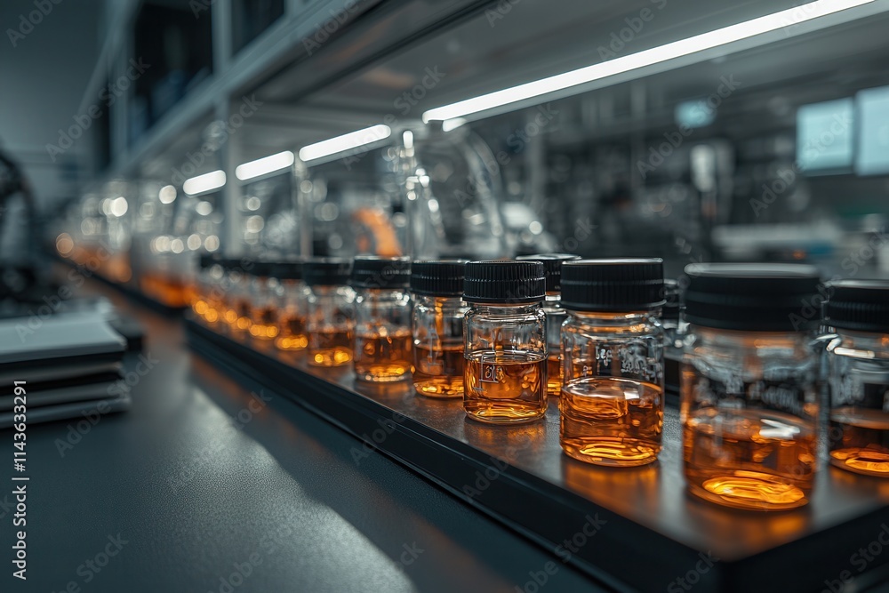 Poster a row of glass jars filled with amber liquid, illuminated under laboratory lighting, showcasing a cl