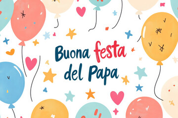 Happy Father's Day card illustration written in Italian language Buona festa del Papa like a kid drawing with balloons on a white background