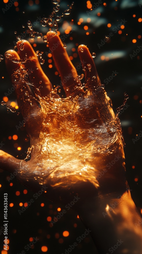 Poster hand reaching through shimmering water droplets with vibrant reflections in low light atmosphere