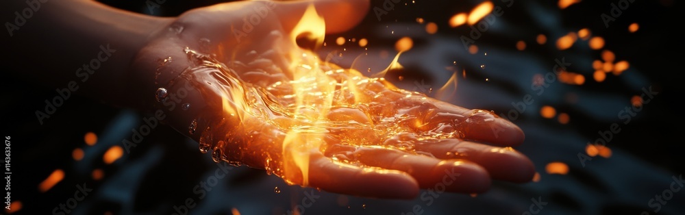 Poster hand reaching out with water droplets showcasing the contrast of elements in a serene natural settin