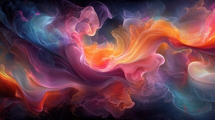 abstract design vibrant colors and fluid shapes. It showcases dynamic interplay of swirling forms in shades of pink, orange, blue, and purple, creating a sense of movement and energy.